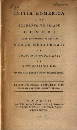 Initia Homerica sive excerpta ex Iliade Homeri : cum locorum omnium graeca metaphrasi
