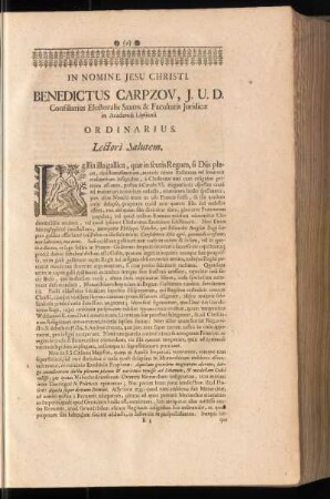 In Nomine Jesu Christi. Benedictus Carpzov ... Lectori Salutem