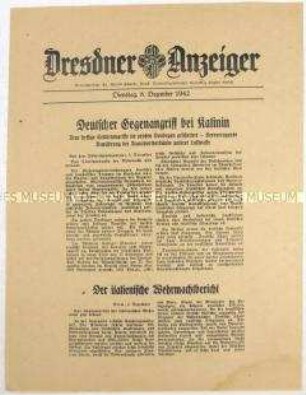 Nachrichtenblatt "Dresdner Anzeiger" mit Meldungen des Oberkommandos der Wehrmacht und des italienischen Oberkommandos u.a. zum Kriegsgeschehen an der Ostfront