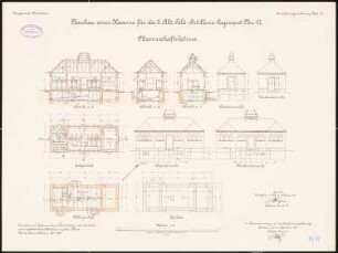 Artilleriekaserne II/27, Wiesbaden: Mannschaftslatrine: Grundriss Bankette, Keller, Erdgeschoss, Aufriss Nordostansicht, Nordwestansicht, Südostansicht, Südwestansicht, Längsschnitt, Querschnitte 1:100