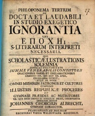Philoponema ... De Docta Et Laudabili In Studio Exegetico Ignorantia Sive Epochē S. Literarum Interpreti Necessaria. 3