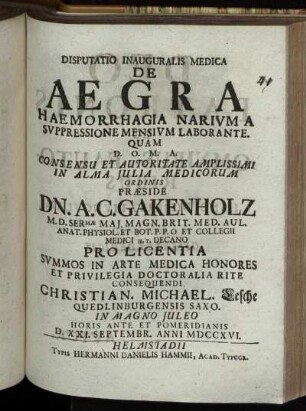 Disputatio Inauguralis Medica De Aegra Haemorrhagia Narium A Suppressione Mensium Laborante