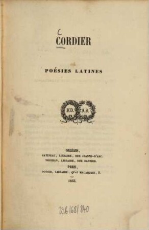 Poésies latines : (Carmina nunc in lucem noviter ed.)