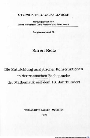 Die Entwicklung analytischer Konstruktionen in der russischen Fachsprache der Mathematik seit dem 18. Jahrhundert