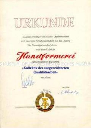 Urkunde zur Verleihung des Ehrentitels "Kollektiv der ausgezeichneten Qualitätsarbeit"