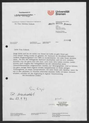 Brief: Eva Rieger an Felicitas Kukuck, 21.9.1993