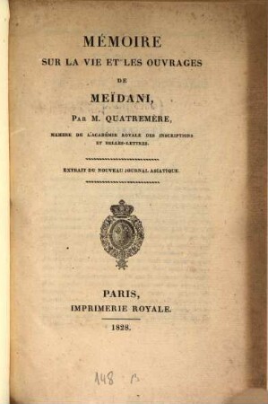 Mémoire sur la vie et les ouvrages de Meïdani : extrait du Nouveau Journal Asiatique