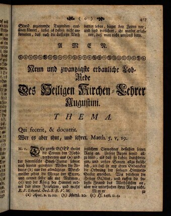457-472, Neun und zwanzigste erbauliche Lob-Rede Des Heiligen Kirchen-Lehrer Augustini.