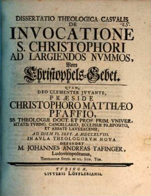 Dissertatio Theologica Casvalis De Invocatione S. Christophori Ad Largiendos Nvmmos