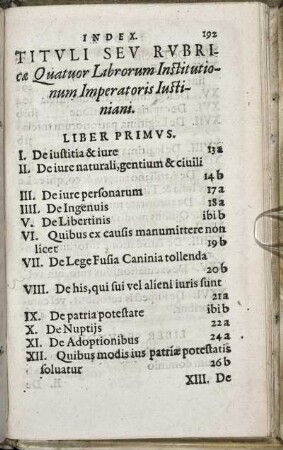 Index. Tituli seu Rubricae Quatuor Librorum Institutionum Imperatoris Iustitiani.