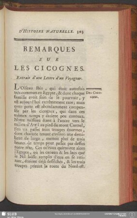Remarques Sur Les Cigognes. Extrait d'une Lettre d'un Voyageur