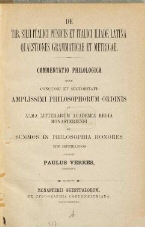 De Tib. Silii Italici Punicis et Italici Iliade Latina quaestiones grammaticae et metricae