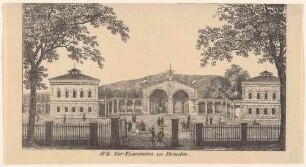 Die Kopfbauten des ersten Leipziger Bahnhofes an der Leipziger Straße in Dresden-Neustadt (1839 eingeweiht) vom Vorplatz nach Norden