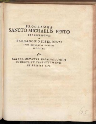 Programma Sancto Michaelis Festo Praescriptvm In Paedagogio Ilfeldensi Anno Reparatae Gratiae MDCCXI