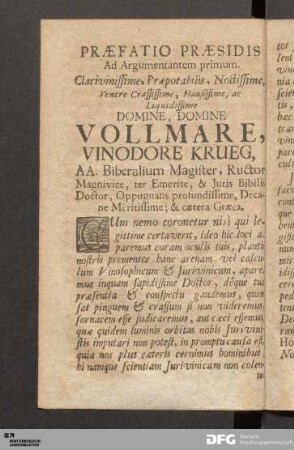 Præfatio Præsidis Ad Argumentantem primum.