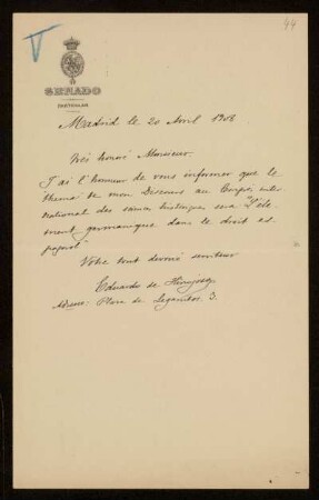 44: Brief von Eduardo de Hinojosa an Otto von Gierke, Madrid, 20.4.1908