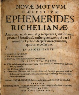 Novae motuum coelestium Ephemerides Richelianae