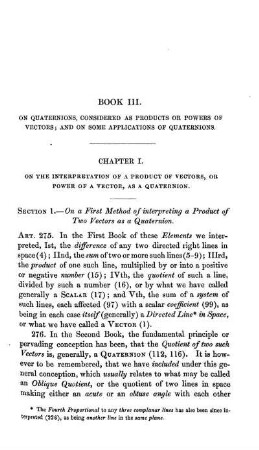 Book III. On Quaternions, Considered as Products or Powers of Vectors and on Some Applications of Quaternions.