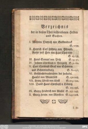 Verzeichnis der in diesem Theil beschriebenen Helden und Sachen.