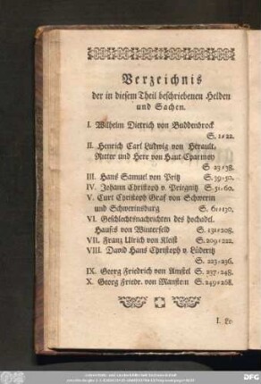 Verzeichnis der in diesem Theil beschriebenen Helden und Sachen.