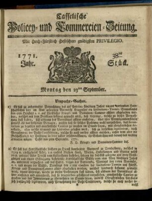38tes Stueck, Montag den 23ten September 1771