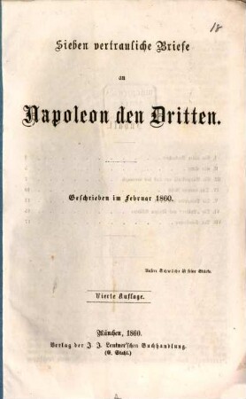 Sieben vertrauliche Briefe an Napoleon den Dritten : Geschrieben im Februar 1860