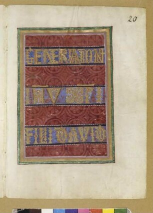 Sogenanntes Kostbares Evangeliar — Initialzierseite des Matthäusevangeliums, Folio fol. 20r