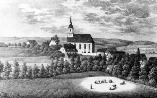 Käbschütztal-Krögis. Ortsansicht mit Kirche (für die Roitzschener Neidmühle zuständige Pfarrkirche)