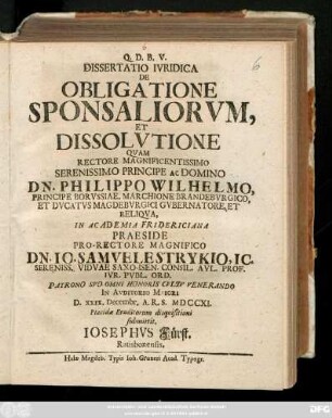 Dissertatio Ivridica De Obligatione Sponsaliorvm, Et Dissolvtione