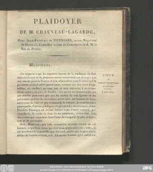 Plaidoyer De M. Chauveau-Lagarde, Pour Jean-Frédéric De Tonniges, ancien Négociant de Dantzick, Conseiller intime de Commerce de S. M. le Roi de Prusse.