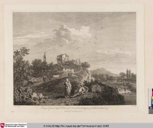 [Landschaft mit Figuren, Tieren und Wasserfall, im Hintergrund ein kleiner Ort)