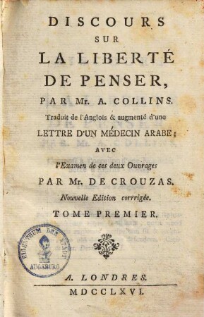 Discours sur la liberté de penser, 1