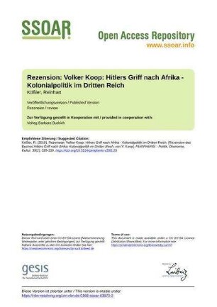 Rezension: Volker Koop: Hitlers Griff nach Afrika - Kolonialpolitik im Dritten Reich