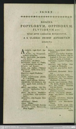 Nomina Populorum, Oppidorum, Fluviorum Etc. Quae apud Caesarem Reperiuntur, A S. Clarkio Ordine Alphabetico Digesta