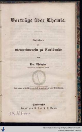 Vorträge über Chemie : gehalten am Gewerbeverein zu Carlsruhe
