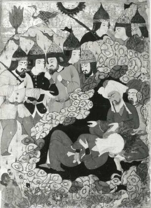 Falnameh. Seite 98: Der Prophet Muhammad und Abu Bakr in der Höhle : Falnameh. Seite 98: Der Prophet Muhammad und Abu Bakr in der Höhle. Handschrift, Deckfarbe und Blattgold; 657 x 480 mm (1600/1715). Dresden: SLUB Mscr.Dresd.Eb.445