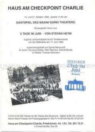 Maueranschlag zu einer Lesung aus Stefan Heyms Buch "5 Tage im Juni"