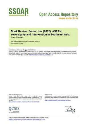 Book Review: Jones, Lee (2012). ASEAN, sovereignty and intervention in Southeast Asia