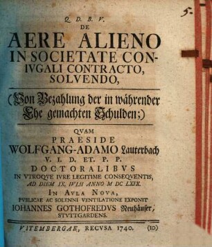 Brevis tractatio de aere alieno, in societate coniugali contracto, solvendo