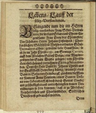 Lebens-Lauff der selig Verstorbenen.