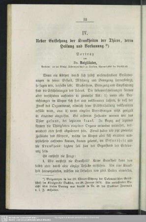 IV. Ueber Entstehung der Krankheiten der Thiere, deren Heilung und Vorbauung. : Vortrag