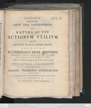 Specimen Continens Capvt Ivris Controversvm De Natvra Ac Vsv Actionvm Vtilivm