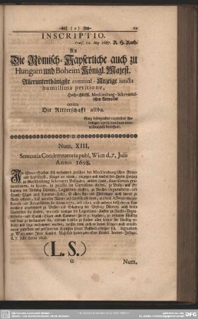 Num XIII. Sententia Condemnatoria publ. Wien d. 7. Julii Anno 1698