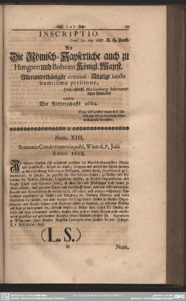 Num XIII. Sententia Condemnatoria publ. Wien d. 7. Julii Anno 1698