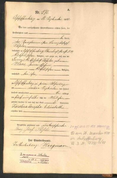 Standesamtsbuch der Stadt Aschaffenburg: Geburten 365/1900 - 184/1901