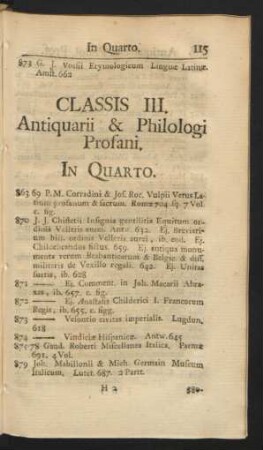 Classis III. Antiquarii & Philologi Profani. In Quarto