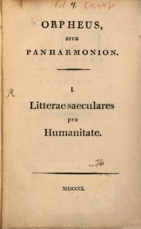 Orpheus sive Panharmonion : Litterae saeculares pro humanitate