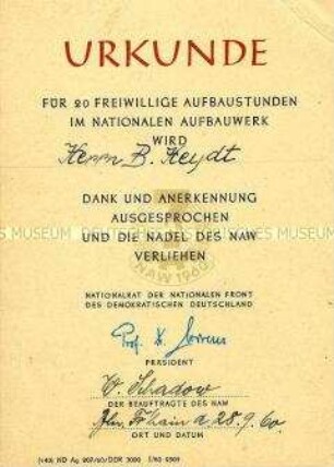 Urkunde zur Aufbaunadel für 20 Aufbaustunden