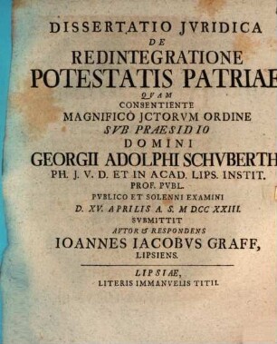 Dissertatio Jvridica De Redintegratione Potestatis Patriae