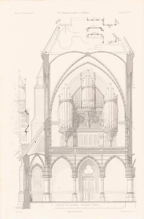 St. Johanniskirche, Hamburg-Altona: Schnitt durch das Langhaus, Fassadenschnitte (aus: Atlas zur Zeitschrift für Bauwesen, hrsg. v. F. Endell, Jg. 27, 1877)